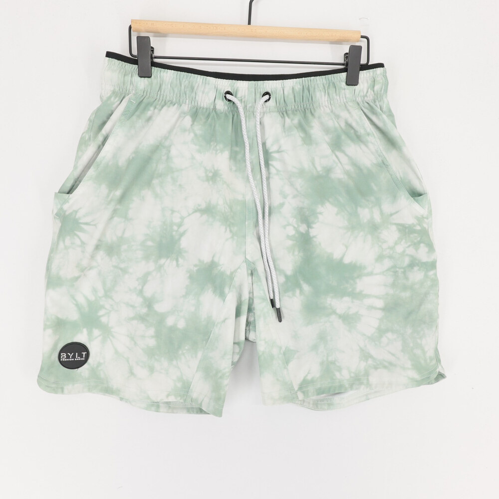 Bylt Active Shorts Mens L Green Tie Dye Lined Athletic Stretch Zip Pocket